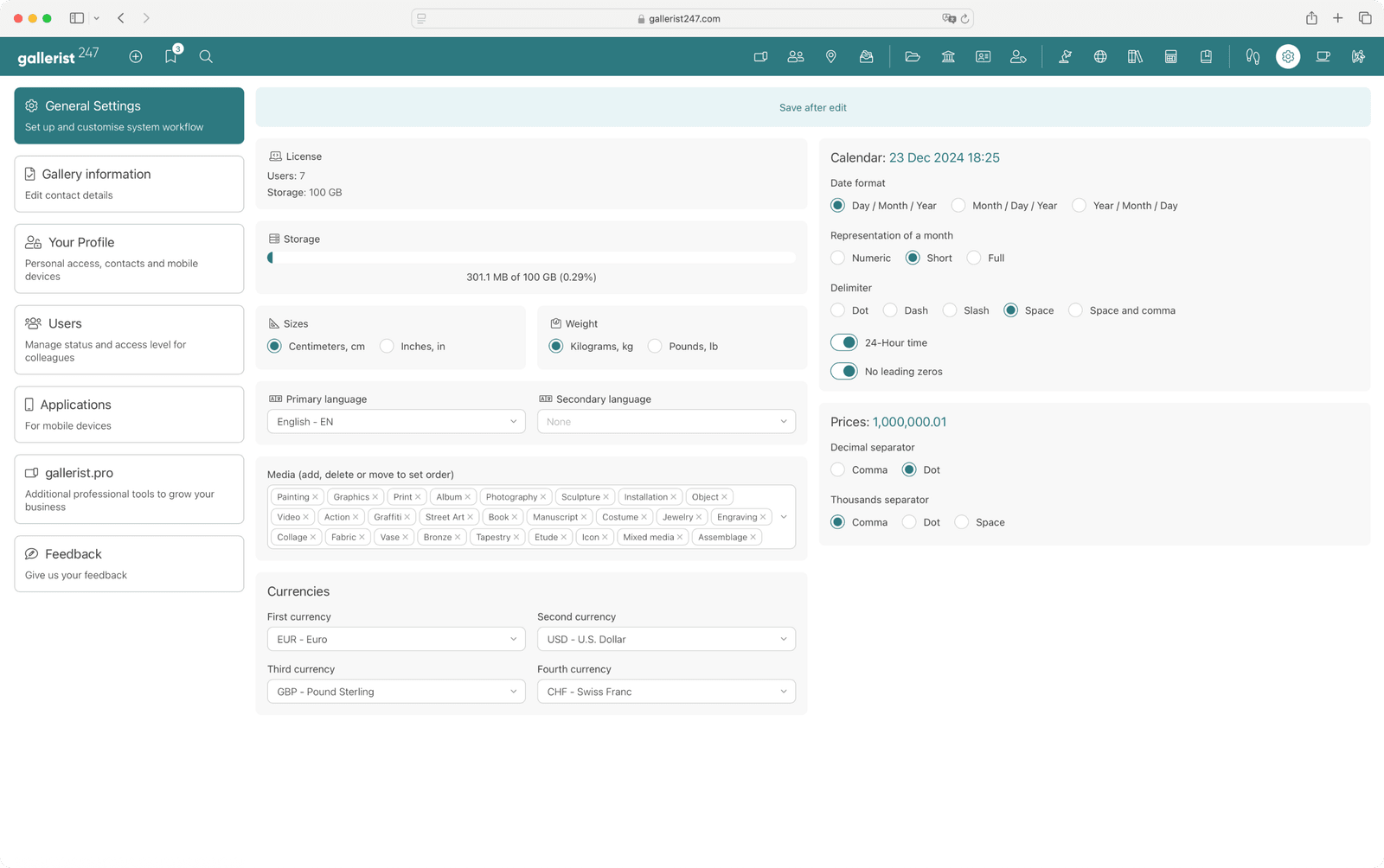 gallerist247 - settings